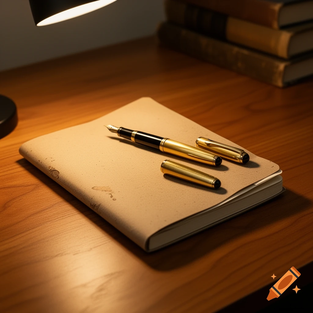 A gold and black fountain pen rests on a plain kraft paper notebook on a warm wooden desk, illuminated by a desk lamp.