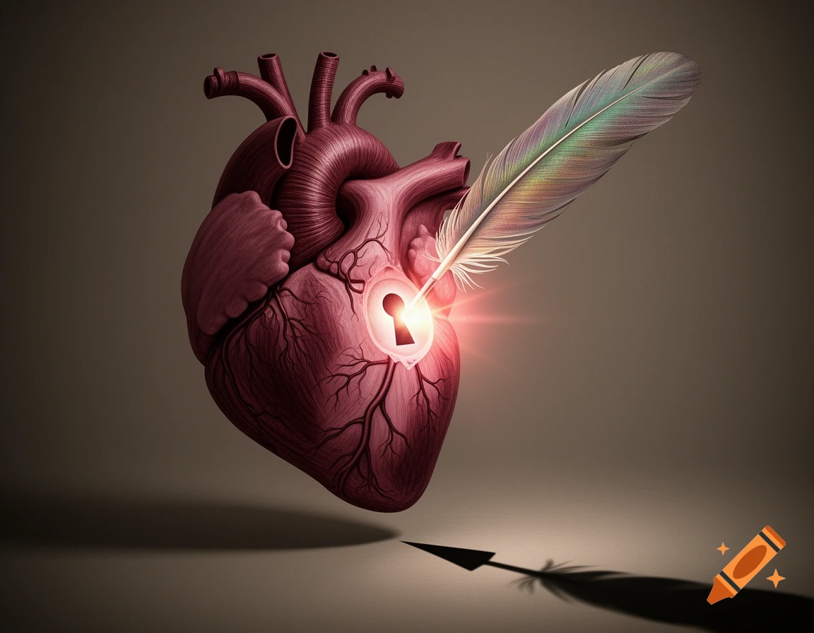 Surreal digital art of a semi-anatomical heart with a glowing keyhole, carved by a feather quill whose shadow is a knife.