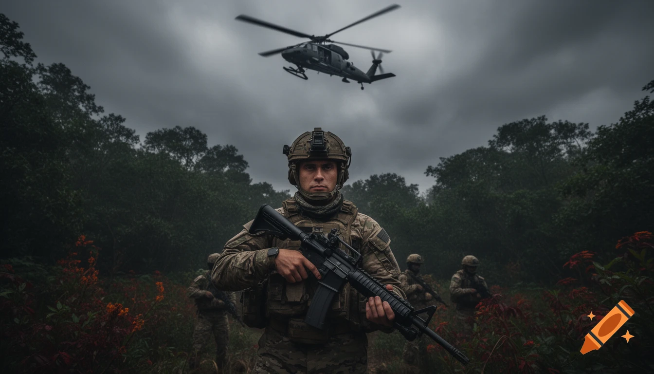 A determined soldier in modern military gear holds an AR-15 assault rifle in a jungle, with a Black Hawk helicopter overhead under a cloudy sky.