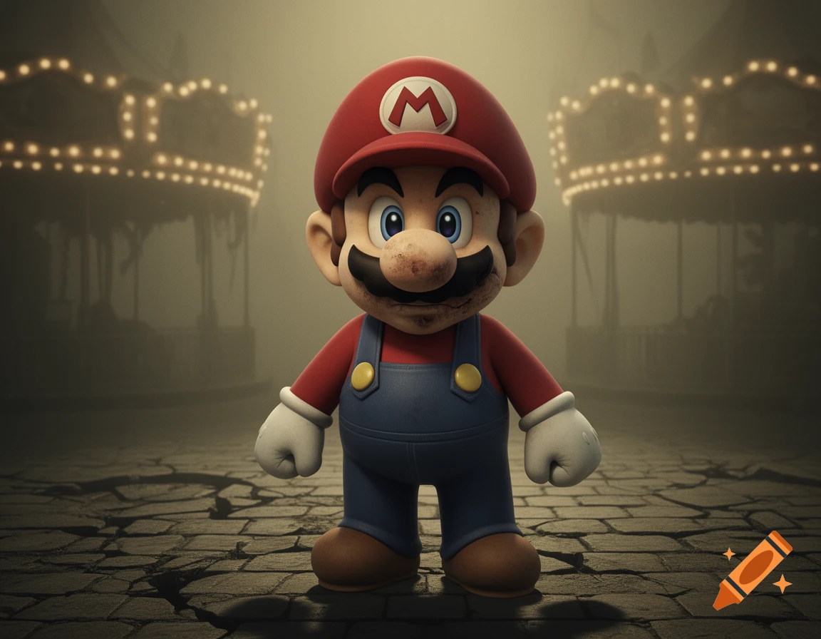 A creepy, dirty Mario stands on cracked pavement in a dark, foggy carnival with blurred, glowing lights.
