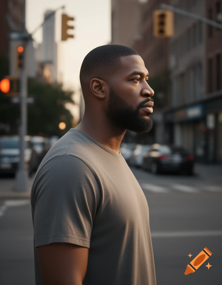 Photorealistic portrait of a Black man with a beard looking right, standing on a city street with traffic lights in the background.