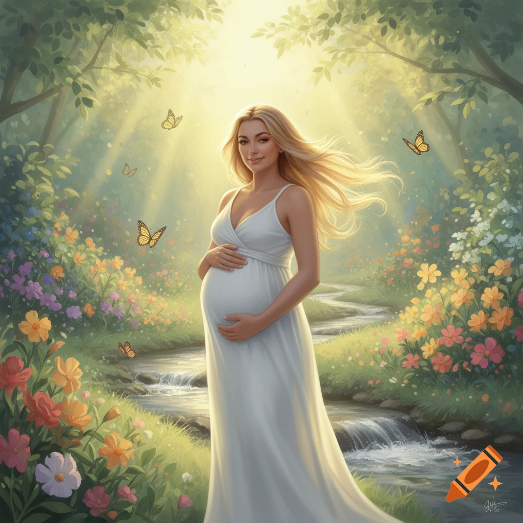 An ethereal illustration of a pregnant woman with long blonde hair, standing in a sunlit fantasy garden with a winding stream, colorful flowers, and butterflies.