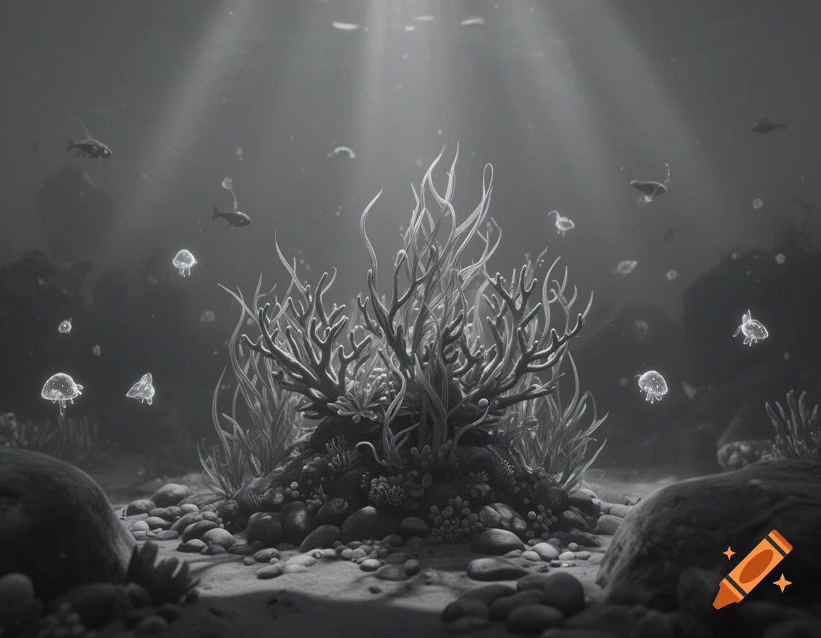Monochrome underwater scene with coral, rocks, small fish, and glowing jellyfish, bathed in shafts of light from above.