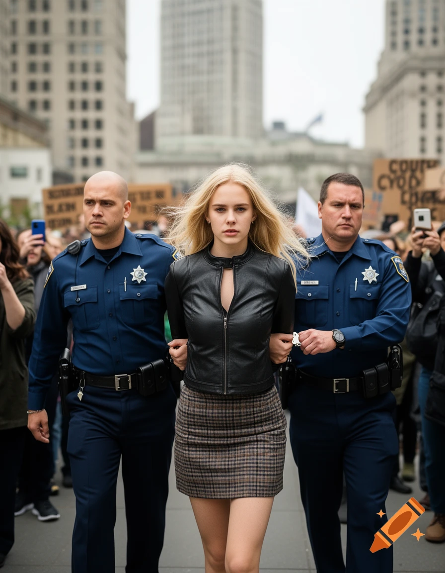 A young blonde woman in a leather jacket and short plaid skirt is led away by two police officers in uniform on a city street, with blurred buildings and people holding signs in the background.