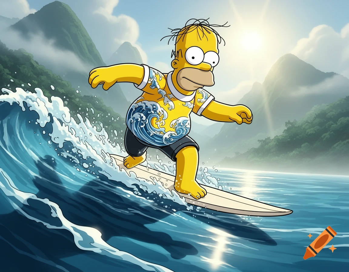 Homer Simpson in a yellow Hawaiian shirt with wave patterns, surfing a large wave with mountains and a sunny sky in the background, cartoon style.