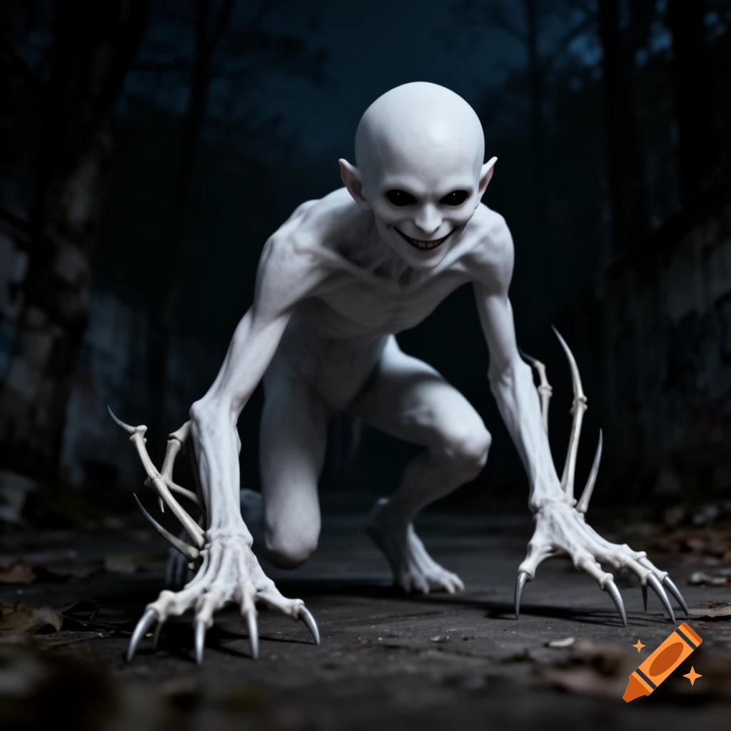 A pale, emaciated, bald creature with long sharp claws and a sinister smile crouches in a dark, eerie setting, photorealistic.