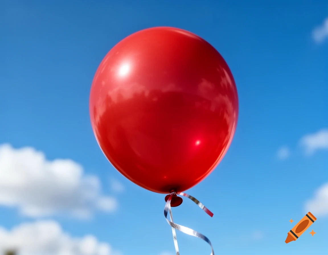A vibrant red balloon with a silver ribbon floats against a clear blue sky with soft white clouds.
