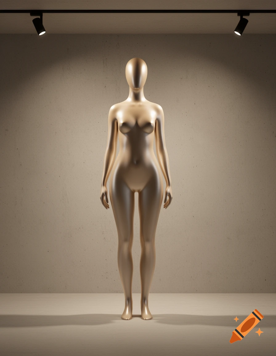 A full-body, golden, faceless mannequin stands under two spotlights against a textured beige wall.