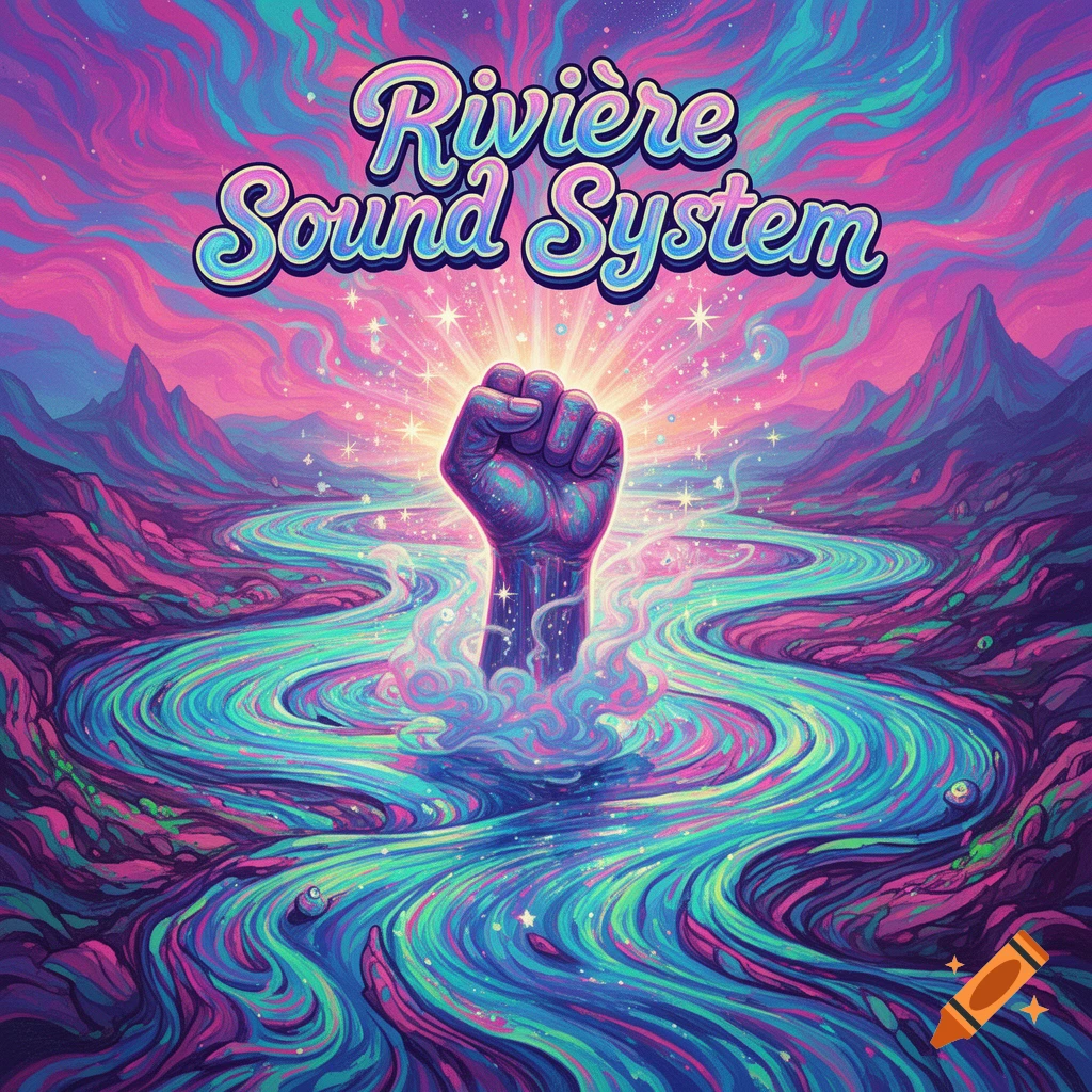 Vibrant psychedelic album cover with a raised fist emerging from a swirling river, 'Rivière Sound System' text, and colorful mountains.