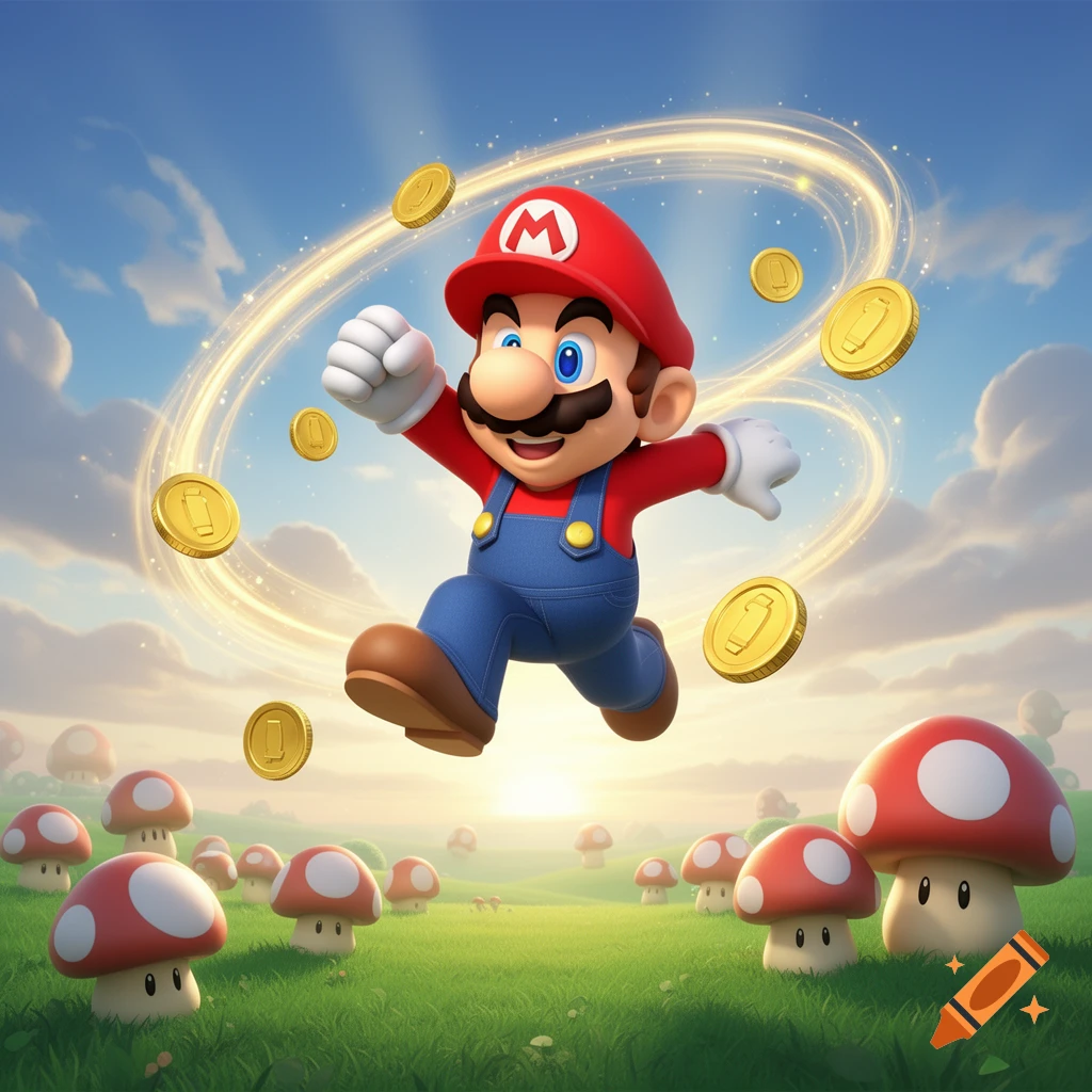 Mario running through a vibrant green field with red mushrooms and golden coins, under a bright blue sky with glowing trails.