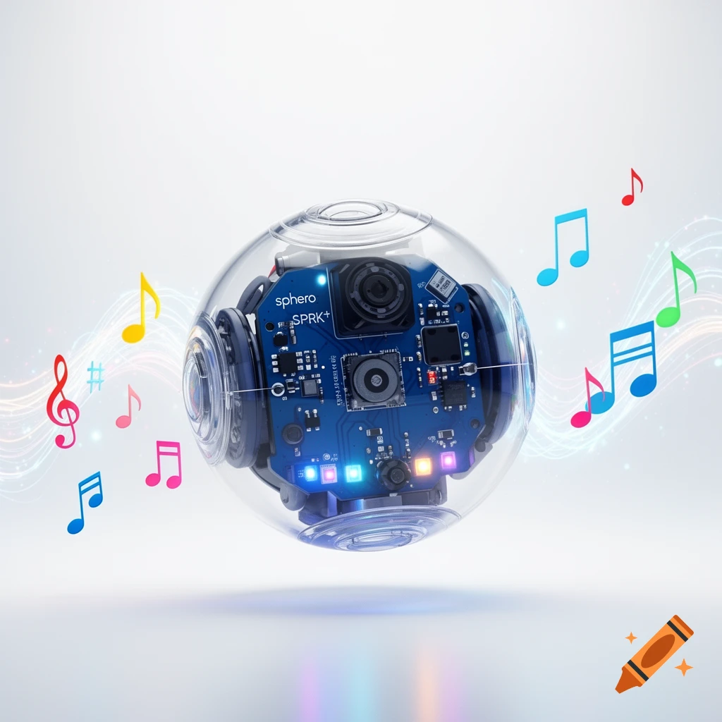 A transparent Sphero SPRK+ robot sphere with visible blue internal electronics floats, surrounded by colorful musical notes and sound waves.