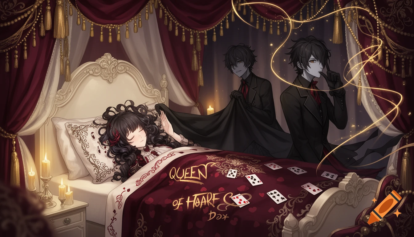 Anime girl sleeps in an ornate red and gold canopy bed, flanked by two shadowy male figures. Playing cards and text decorate the blanket, with a theatrical, fairytale feel.