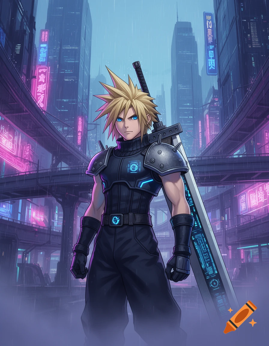 Anime character Cloud Strife with a large sword stands in a rain-soaked cyberpunk city with neon lights.