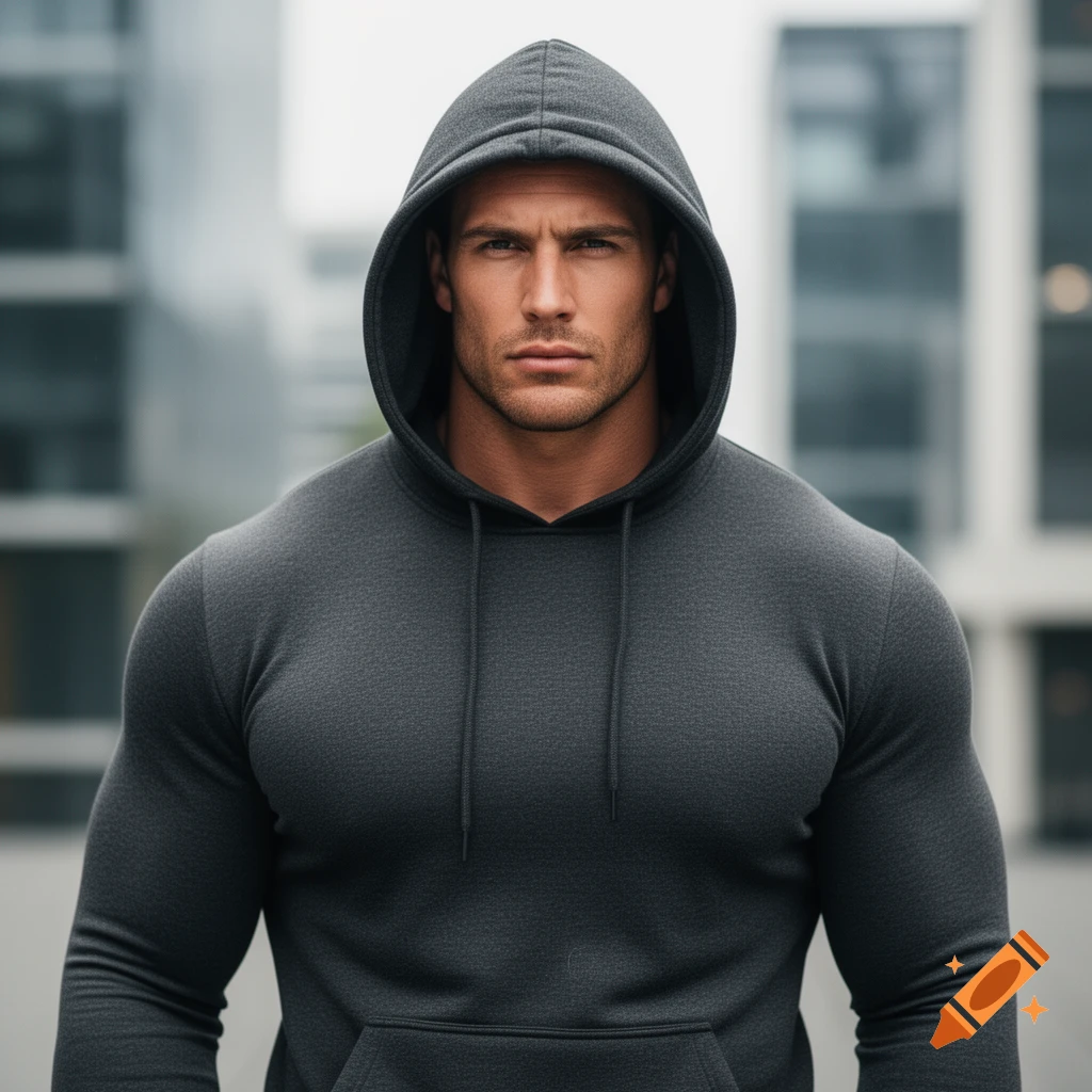 Photorealistic portrait of a muscular man with a serious expression, wearing a dark gray hoodie, against a blurred city background.