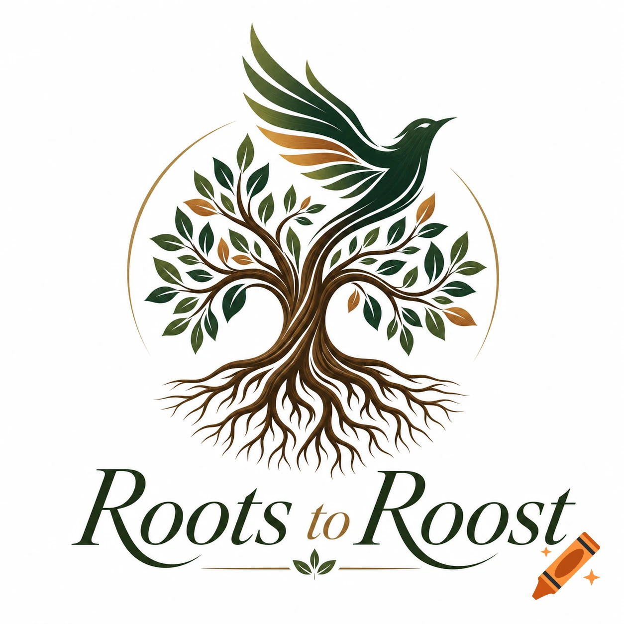 Stylized logo of a tree with prominent roots and a bird flying upwards, with text 'Roots to Roost' below.