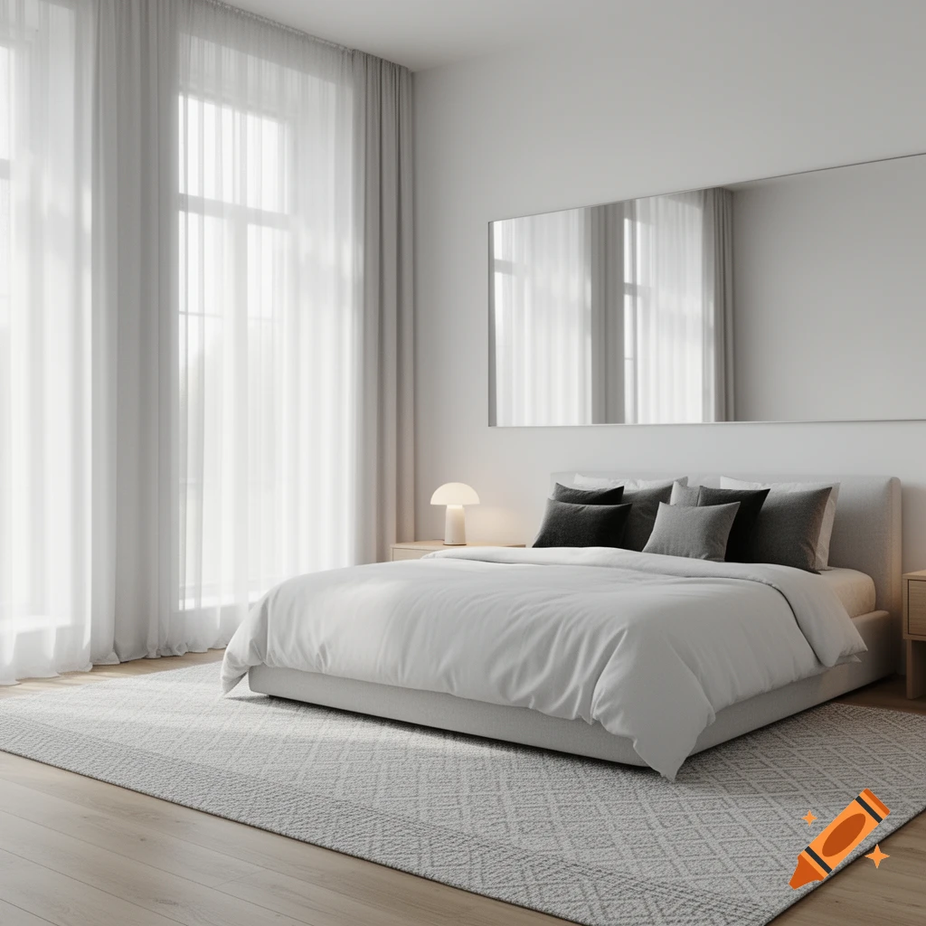 Bright, minimalist bedroom with a white bed, grey pillows, sheer curtains, and a large mirror above the headboard. Photorealistic style.