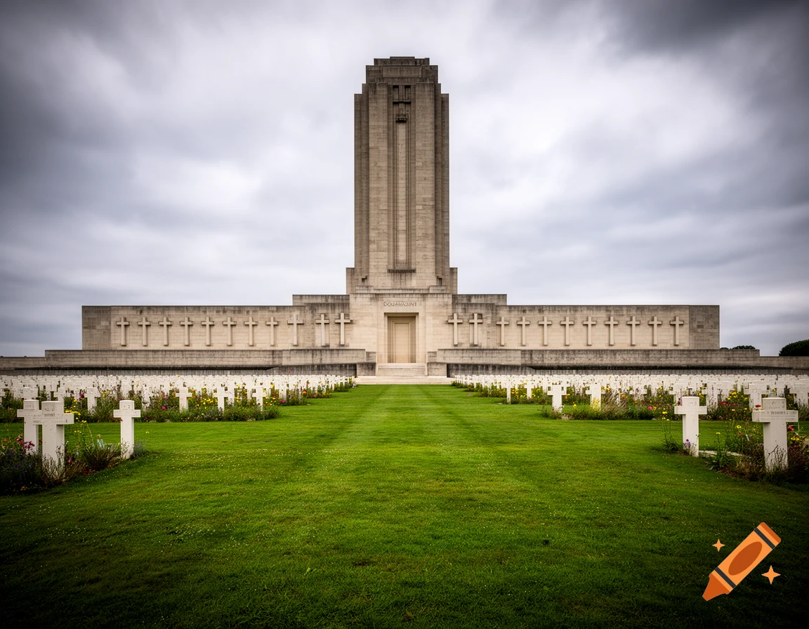 The Douaumont Ossuary, a concrete war memorial with a tall tower, surrounded by a green lawn and rows of white grave markers under a cloudy sky.
