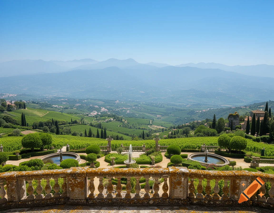 A photorealistic panoramic view from a stone balustrade overlooking formal gardens with fountains, green vineyards, distant villages, and hazy blue mountains.