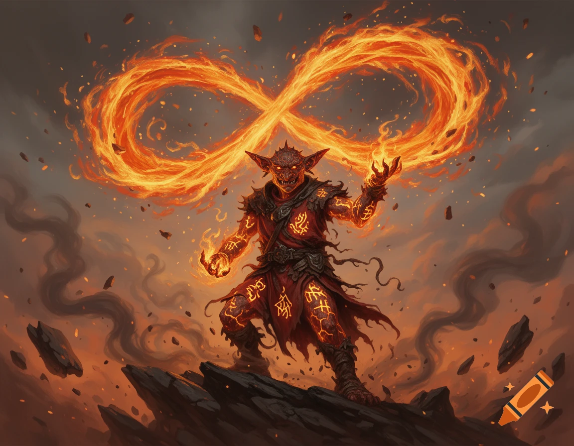 A stylized goblin fire mage with glowing runes on its body stands on rocks, casting an infinity symbol made of fire in a dramatic, fiery scene.