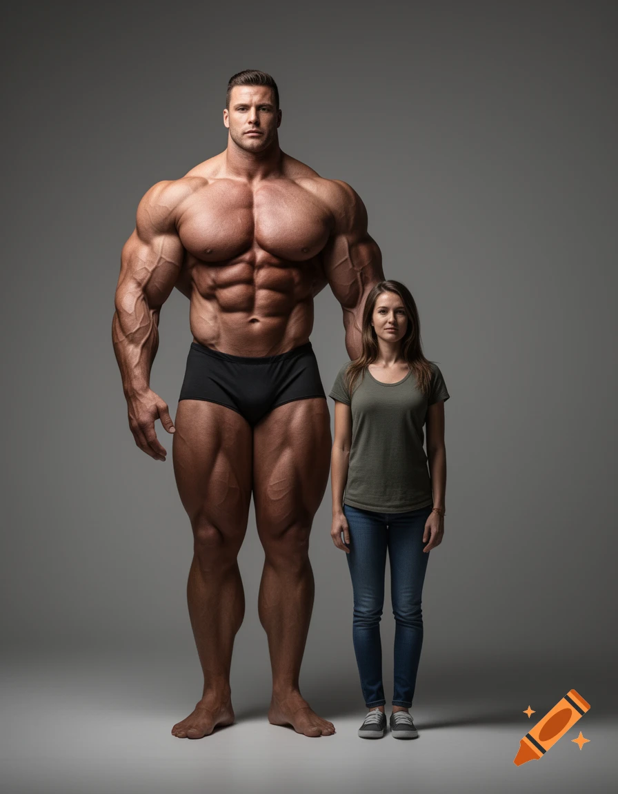Photorealistic portrait of a giant, muscular man in briefs standing beside a woman in jeans and a t-shirt in a studio.