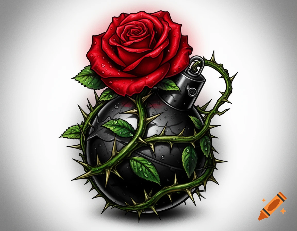 A stylized black grenade with green rose thorns wrapped around it and a vibrant red rose blossom on top, in a tattoo art style.