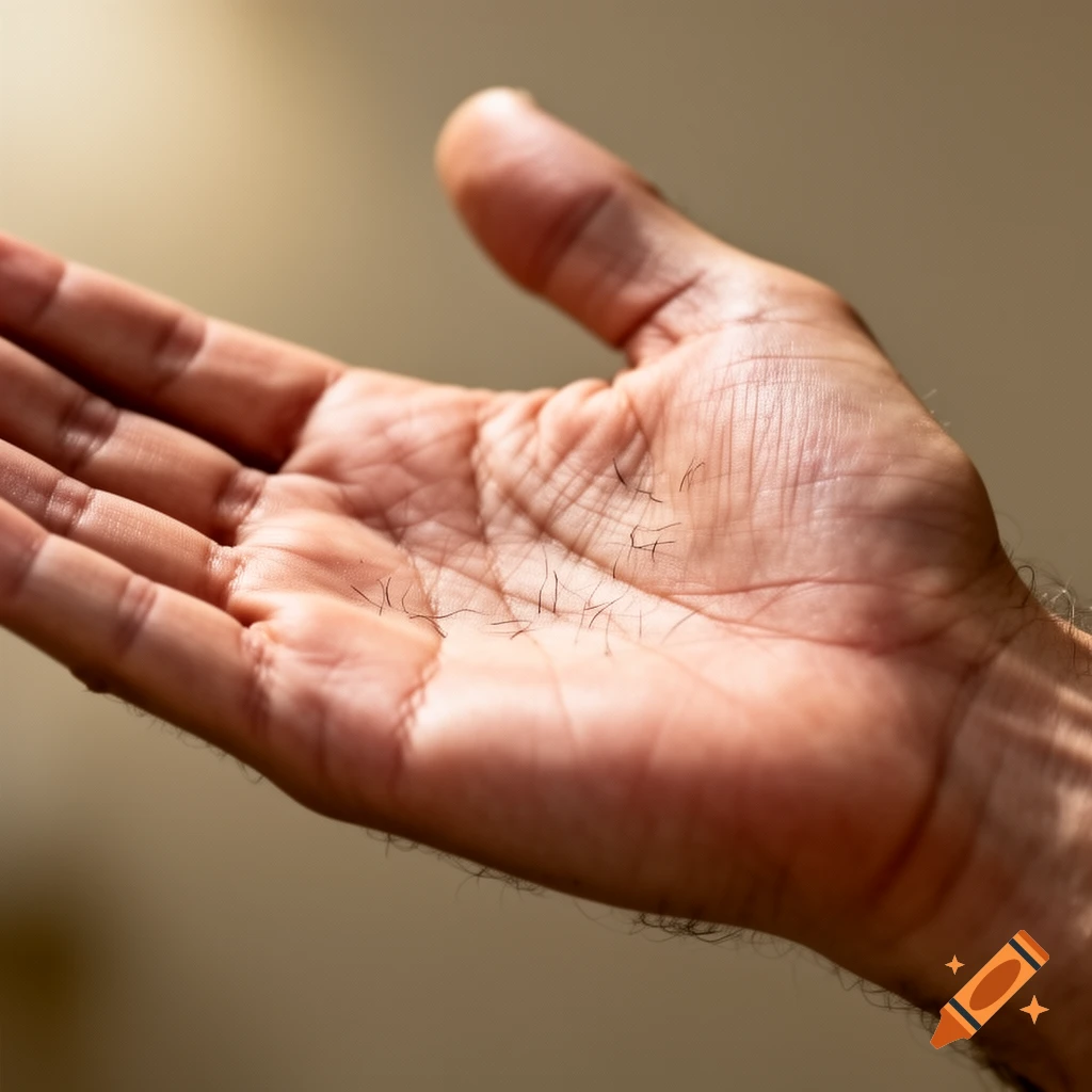 Close-up of an open human palm with fine dark hairs scattered across it, bathed in warm light.