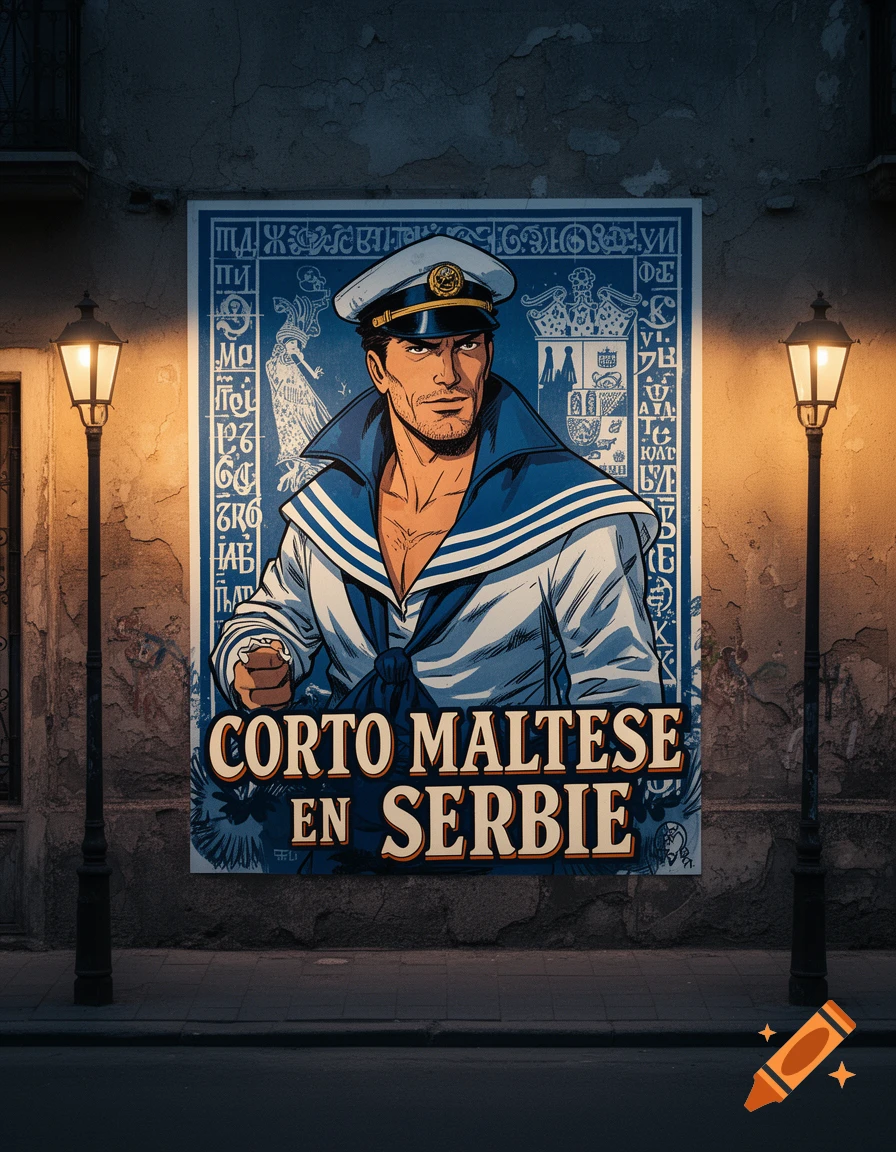 A comic-style poster featuring a sailor, Corto Maltese, is displayed on a textured urban wall, flanked by two glowing street lamps.
