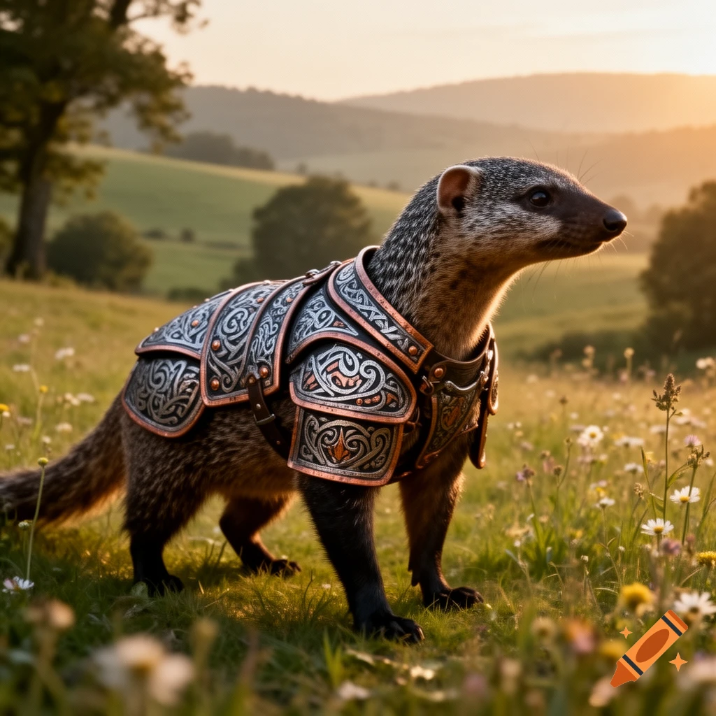 A photorealistic mongoose wearing elaborate barding stands in a sunny, grassy field at sunset.