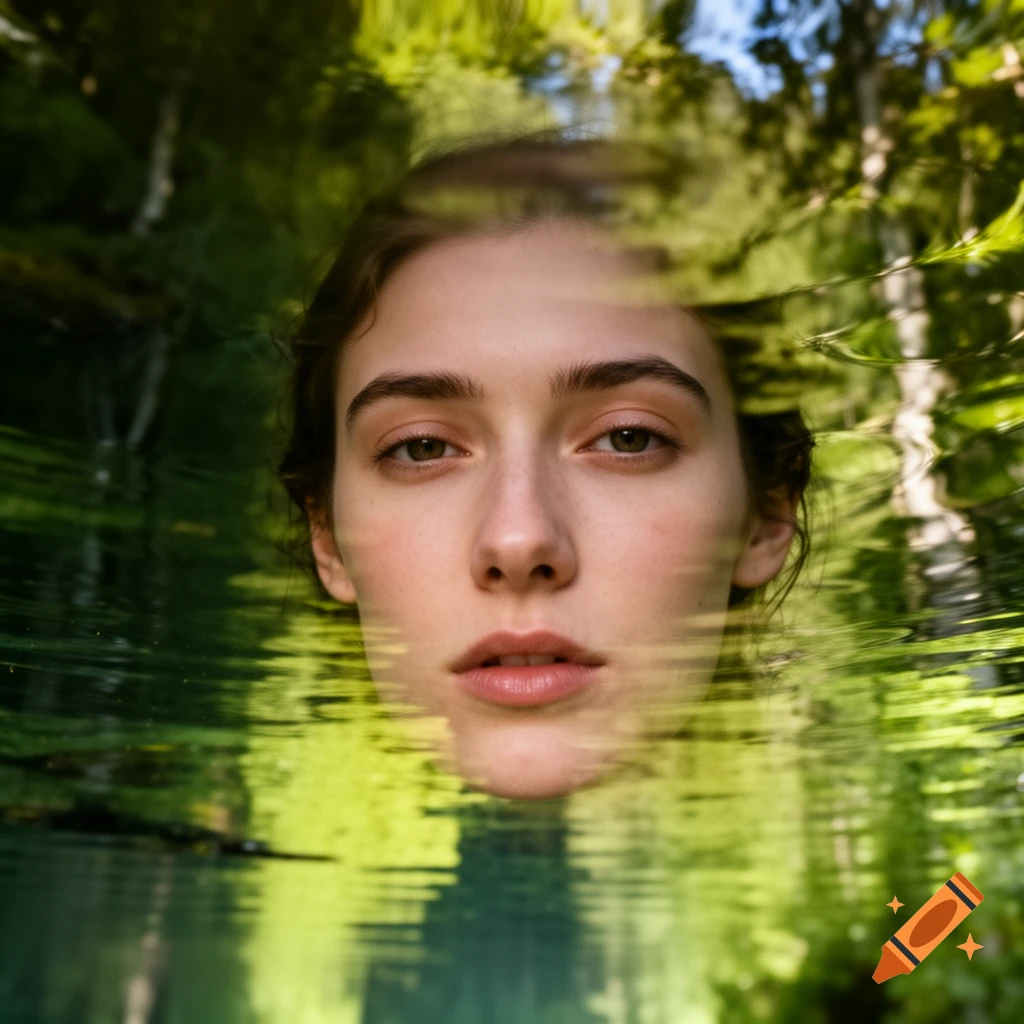 Close-up of a woman's face emerging from clear water, reflecting green trees and a blue sky above.