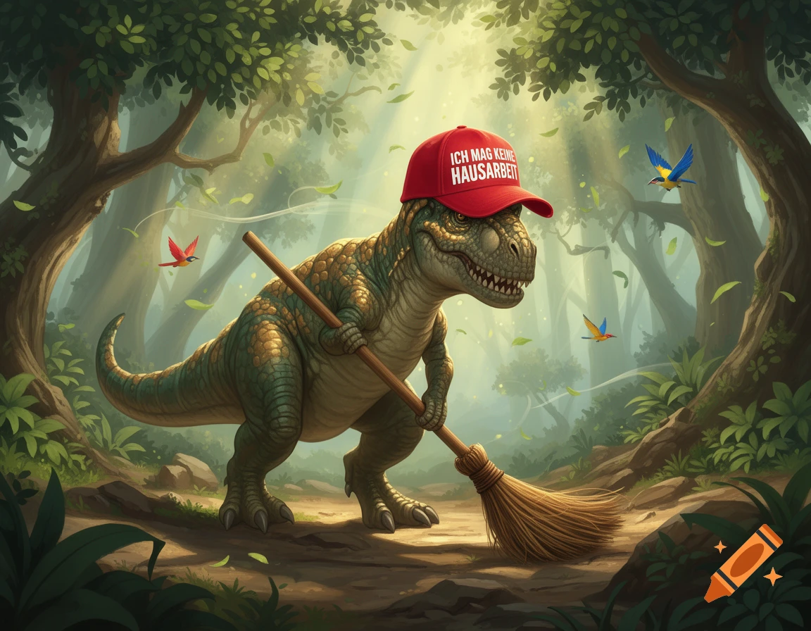 A cartoon T-Rex dinosaur in a red cap reading "I DON'T LIKE HOUSEWORK" sweeps with a broom in a sunny, lush forest.
