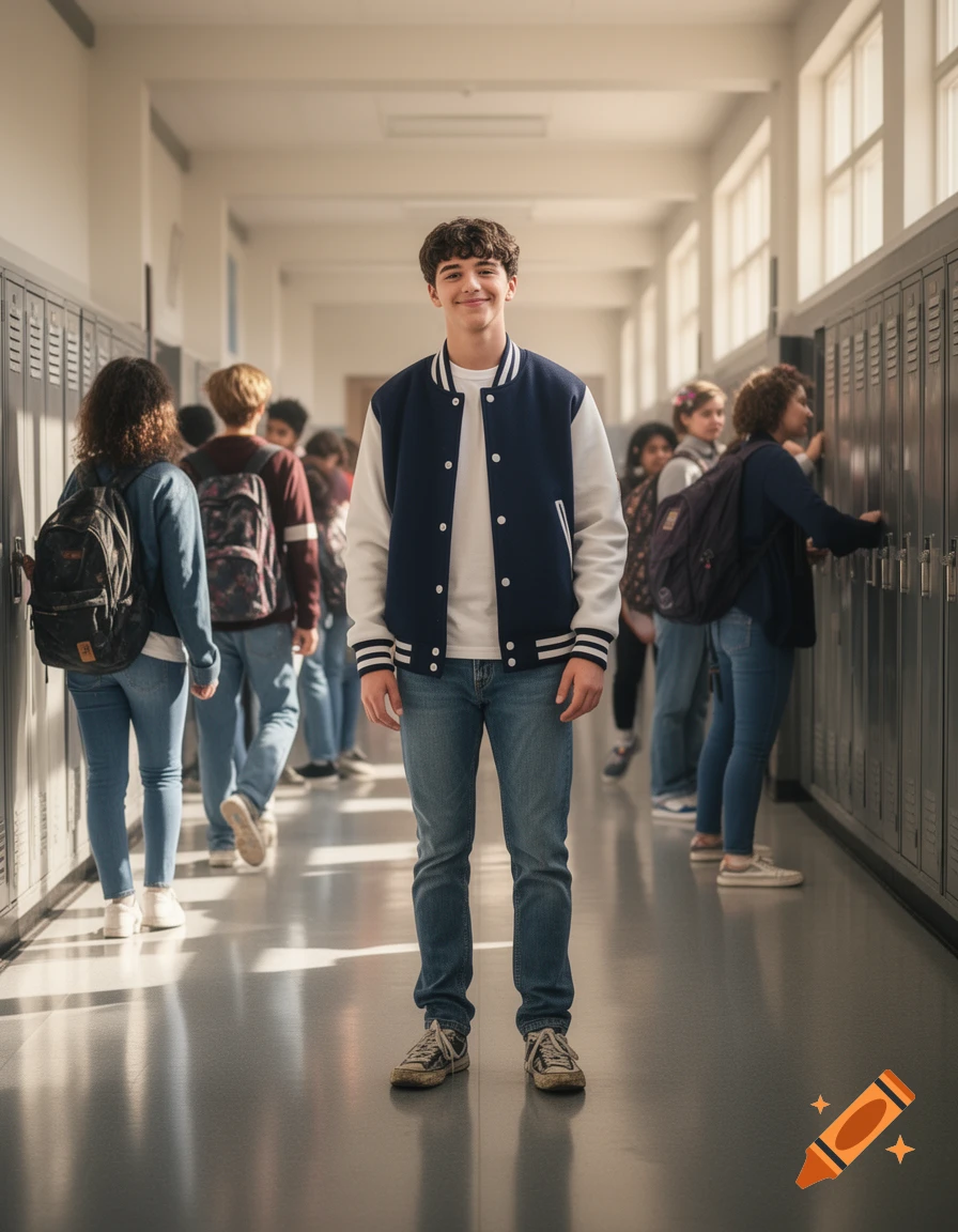 A smiling high school guy stands in a photorealistic school hallway filled with lockers and other students.