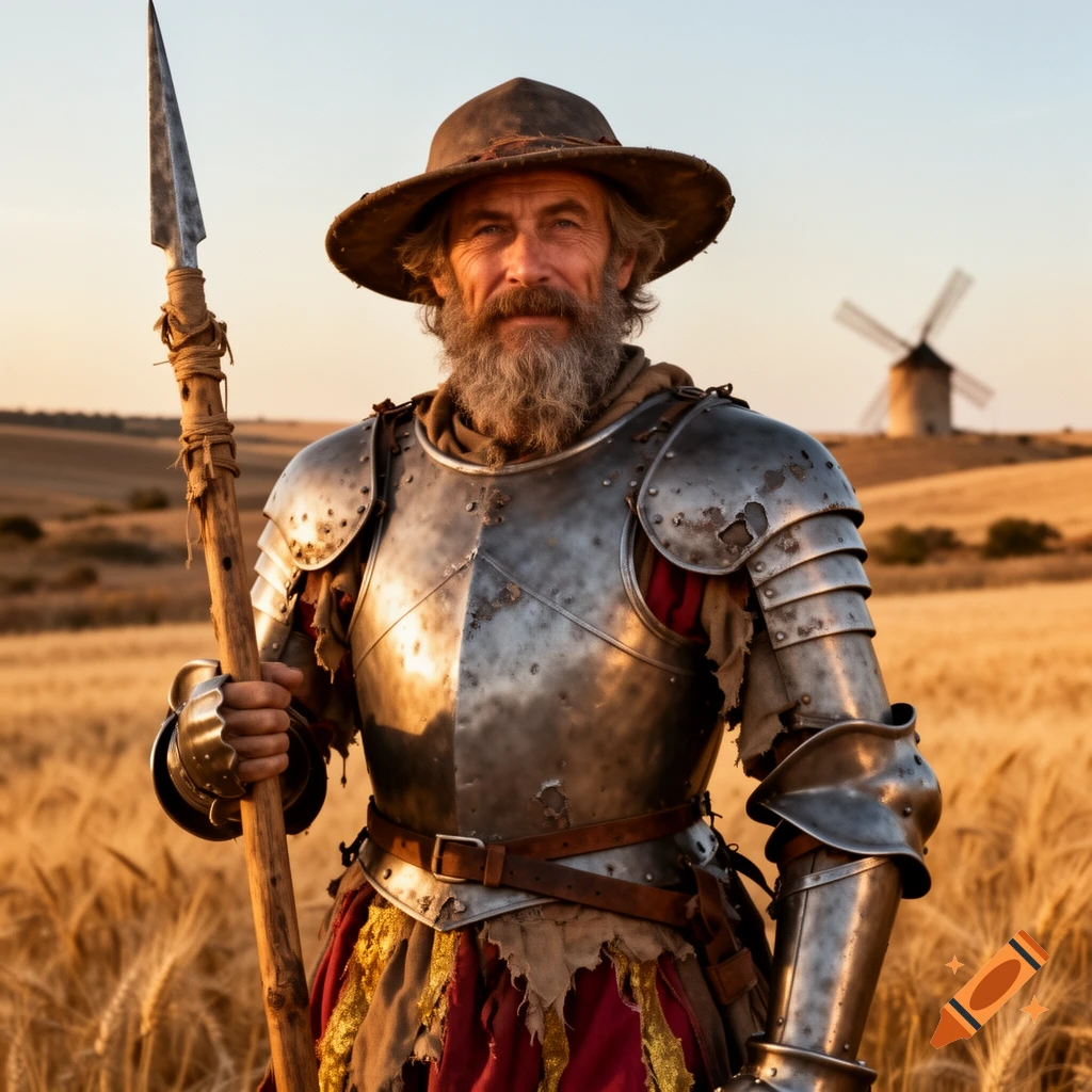A bearded man in worn armor and a hat, resembling Don Quixote, holds a spear in a golden wheat field with a windmill.