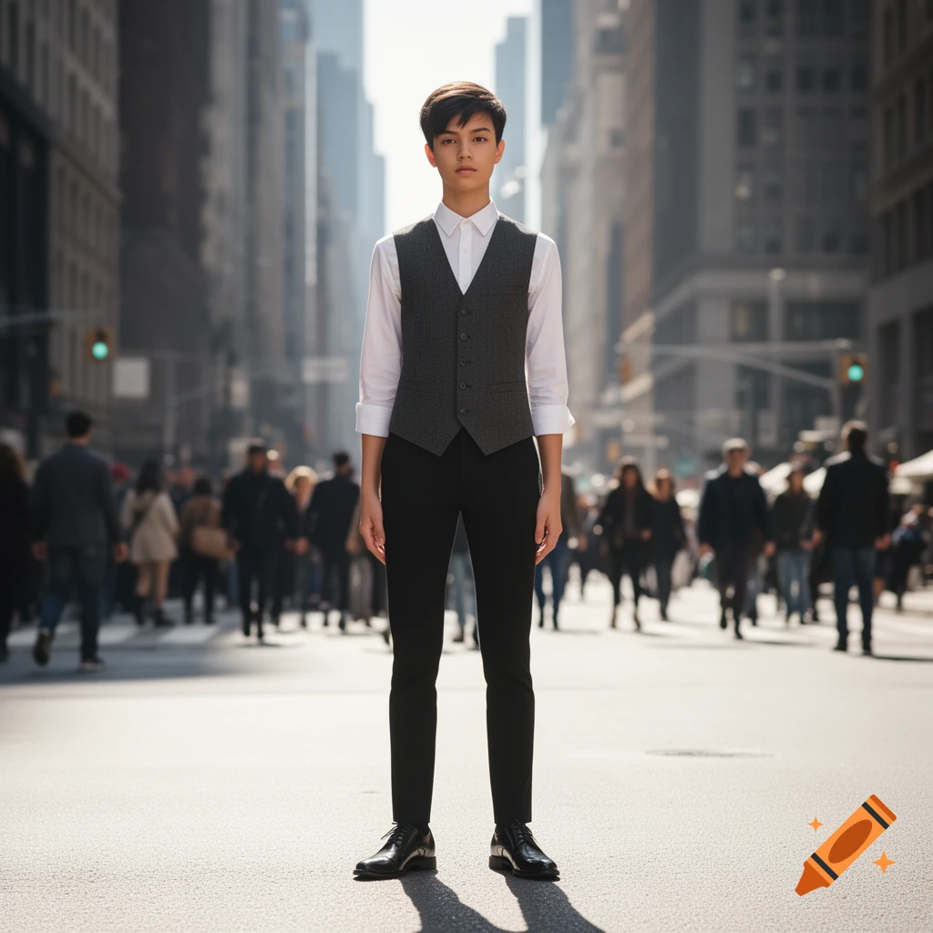A young person in a white shirt, gray vest, and black pants stands in a bright city street with blurred pedestrians and tall buildings.