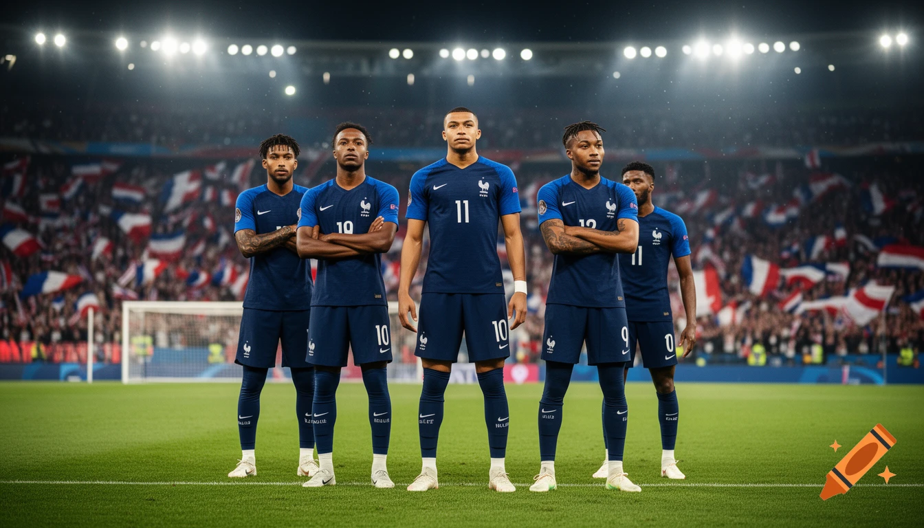 Five French national soccer players in dark blue uniforms stand on a bright green field in a stadium, with a crowd and stadium lights in the background.