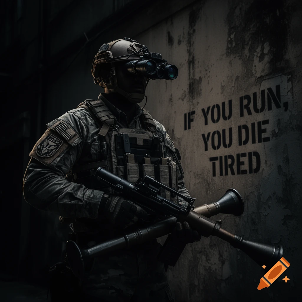 A photorealistic image of a soldier in tactical gear with night vision goggles and an RPG, standing in front of a wall with text.