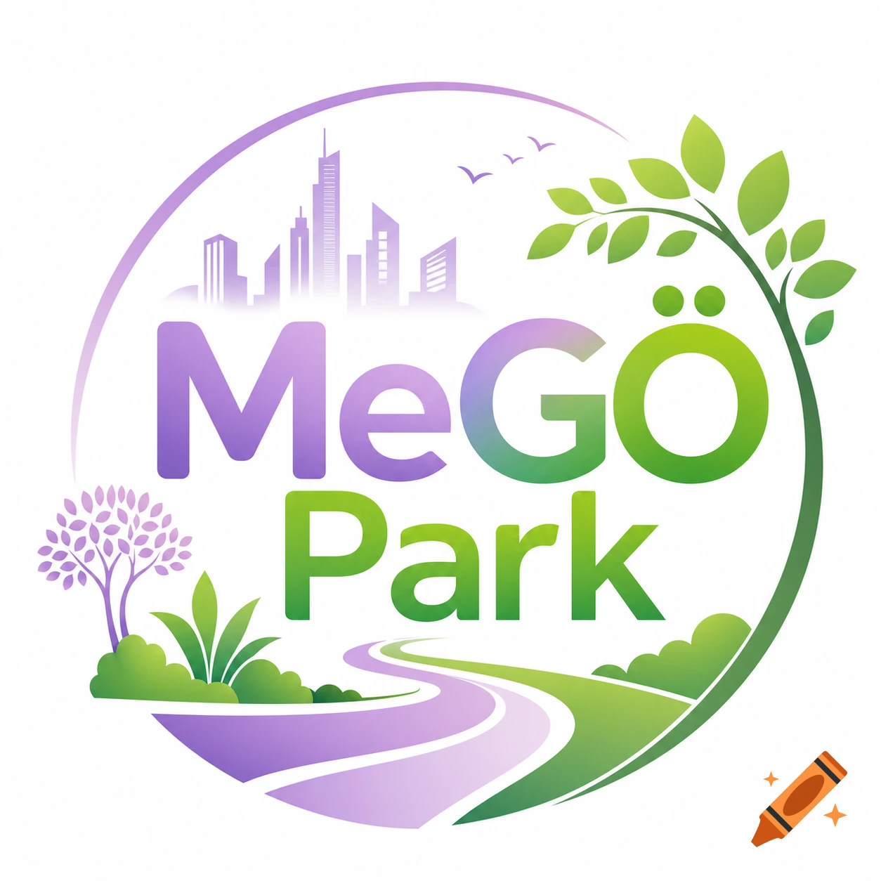 Logo for MeGÖ Park featuring a stylized cityscape, trees, and a winding path within a circular purple and green gradient design.