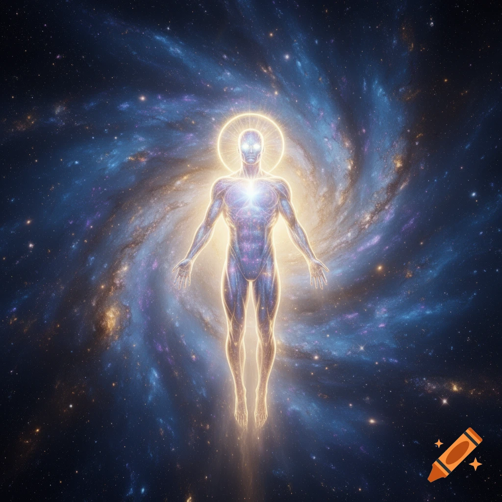 A glowing, ethereal cosmic being with a halo floats against a backdrop of a swirling blue and purple galaxy filled with stars.