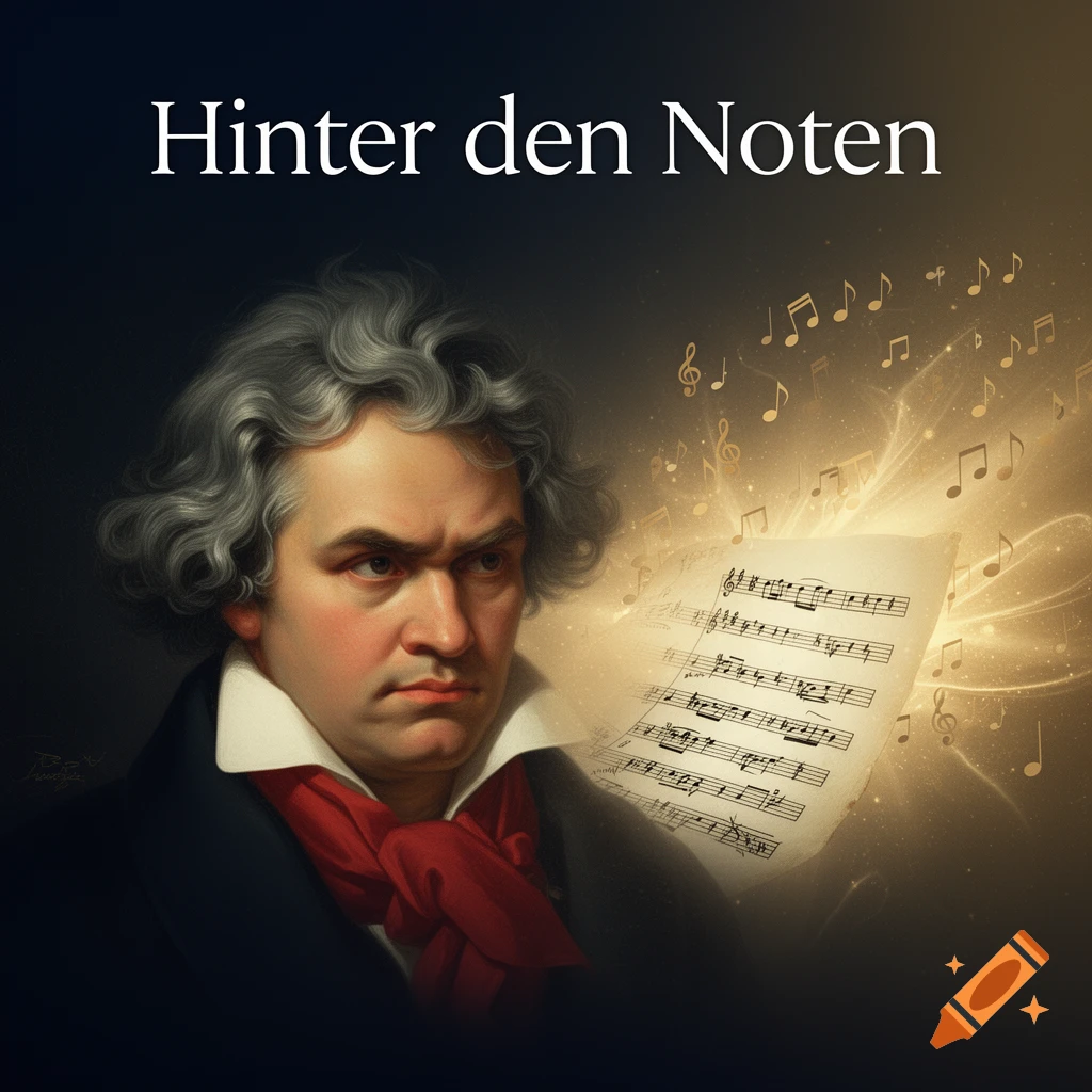 Artistic portrait of Ludwig van Beethoven looking at glowing sheet music and notes, with "Hinter den Noten" text.