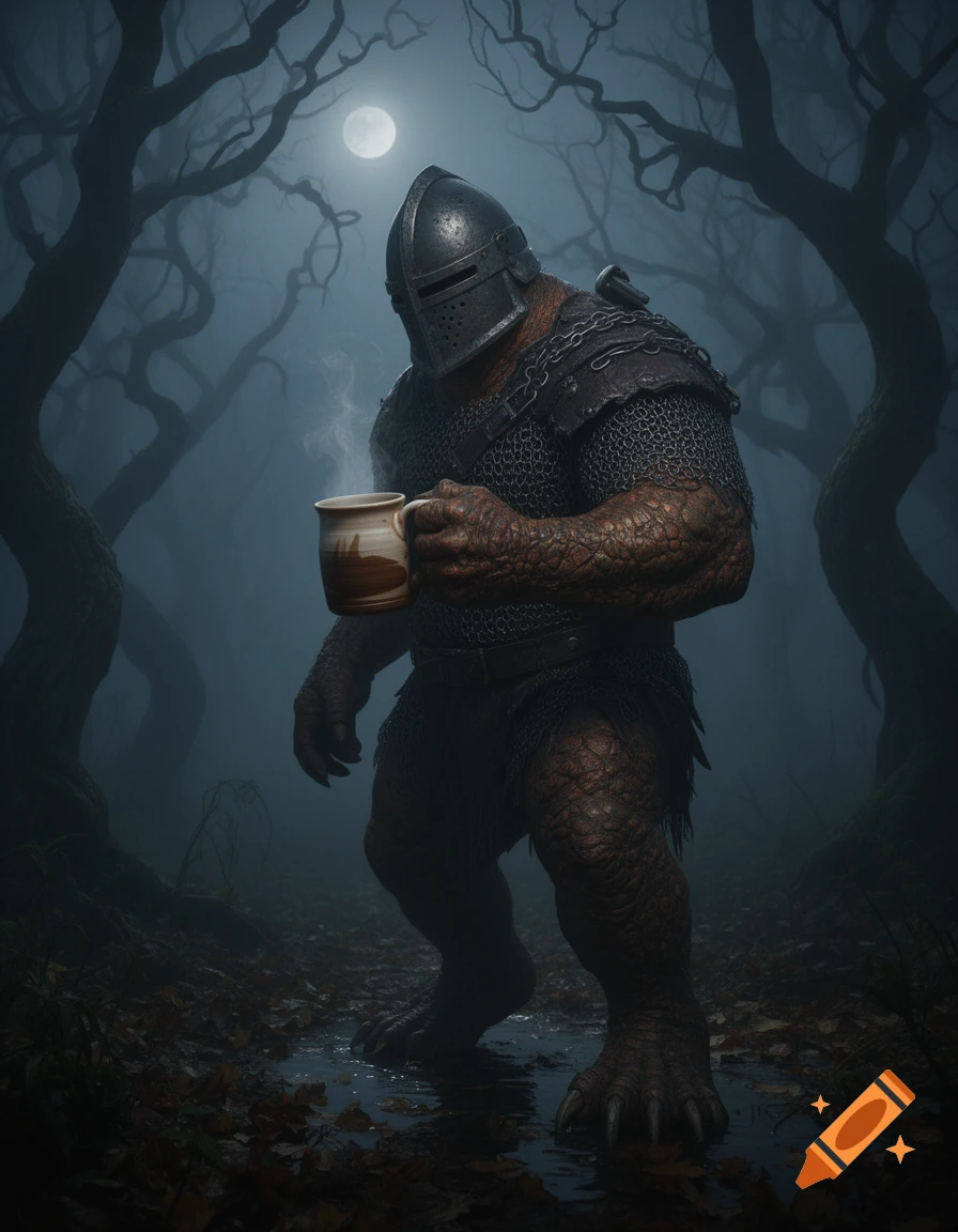 A formidable monster in a steel helmet and chainmail holds a steaming mug in a dark, foggy, moonlit forest. Photorealistic dark fantasy style.