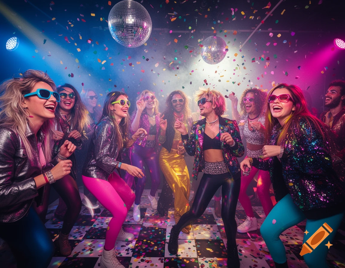 A vibrant disco party scene with a diverse group of people dancing under disco balls and falling confetti, dressed in colorful 80s/90s style fashion and sunglasses, laughing and having a good time.