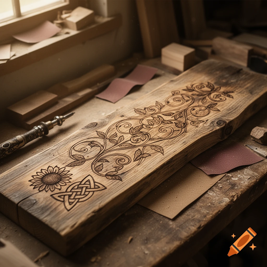 A wooden board with intricate pyrography designs, including floral patterns, a sunflower, and a Celtic knot, on a workbench in a workshop.