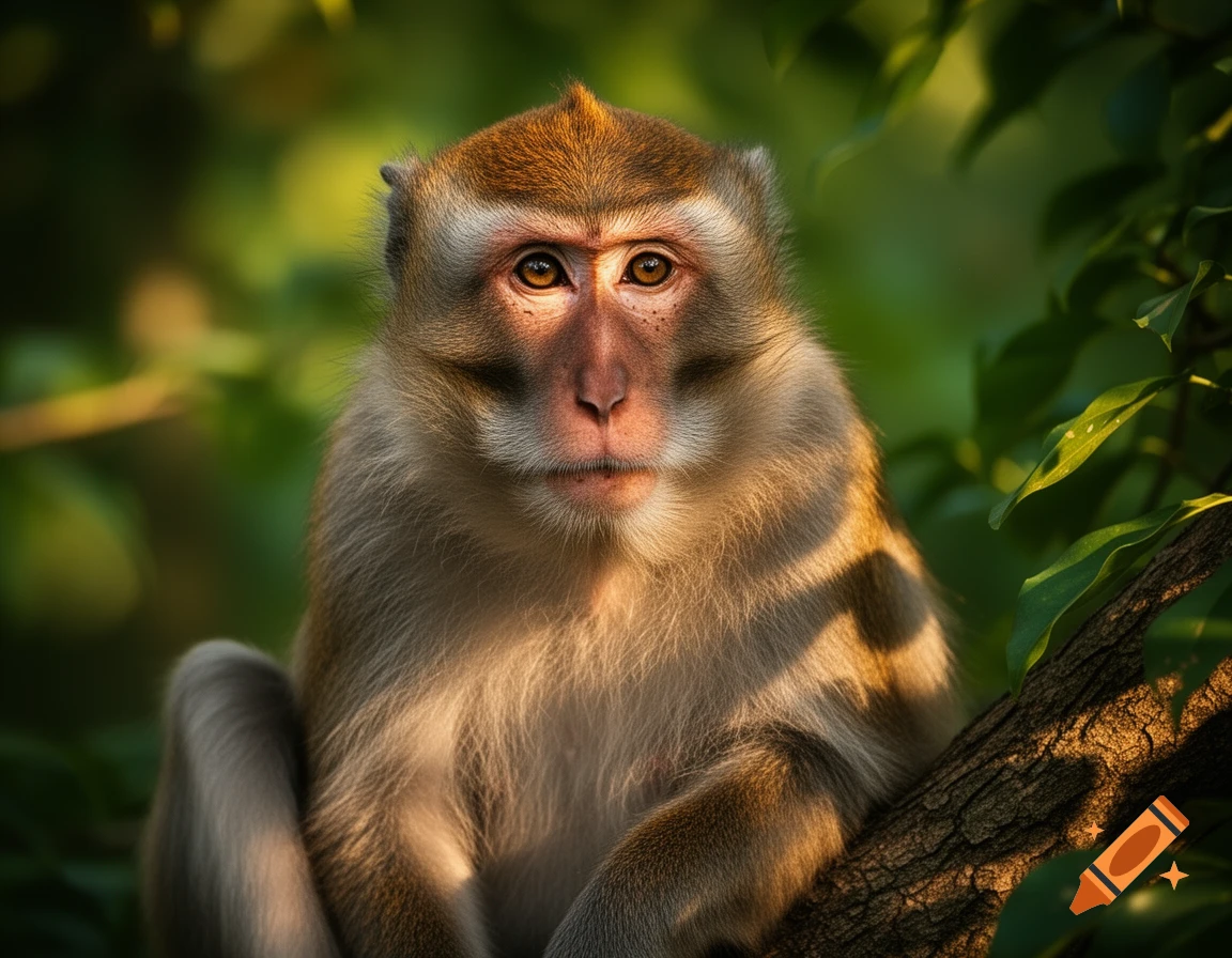 Close-up photorealistic portrait of a monkey with brown fur and a lighter face, sitting on a tree branch among green leaves.