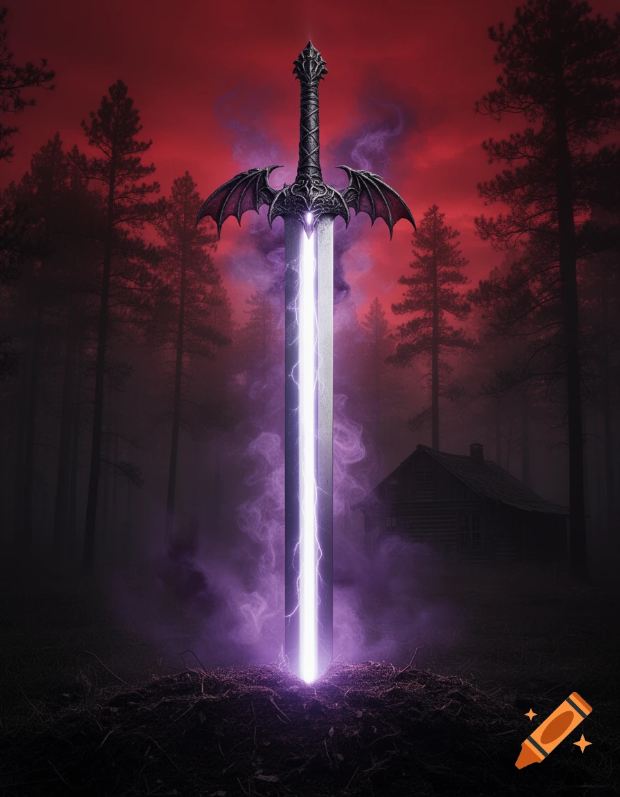 A glowing, demon-winged sword in the ground, surrounded by purple fog, in a dark misty forest under a crimson sky with a rustic cabin. Dark fantasy artwork.