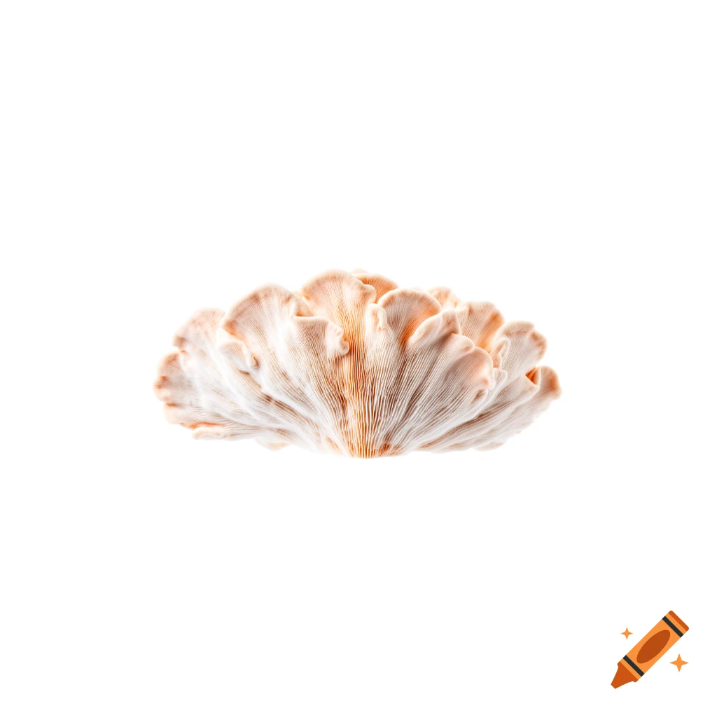 A minimalist, side-on view of a Phlebia radiata fungus, displaying delicate peach and white frilly folds against a stark white background.