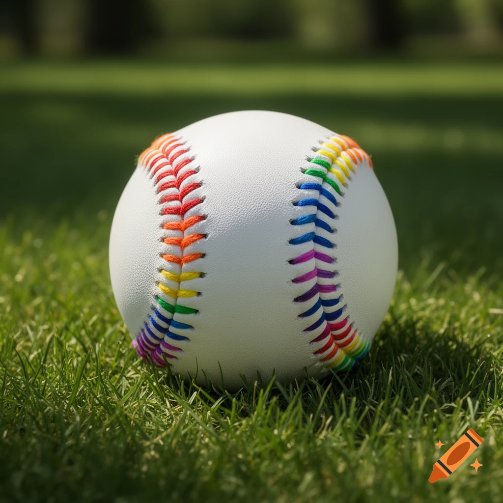 A white baseball with rainbow-colored stitches rests on green grass.