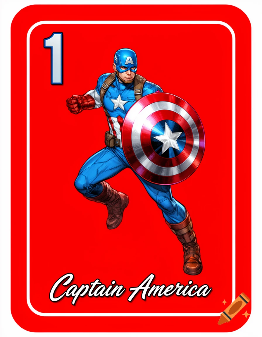 Captain America in his blue and red suit with his shield, posing on a red playing card with the number 1 in the corner and 'Captain America' written below.