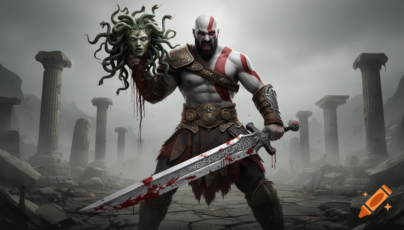 Kratos from God of War stands angrily in a ruined temple, holding Medusa's bloody severed head and a blood-stained sword.