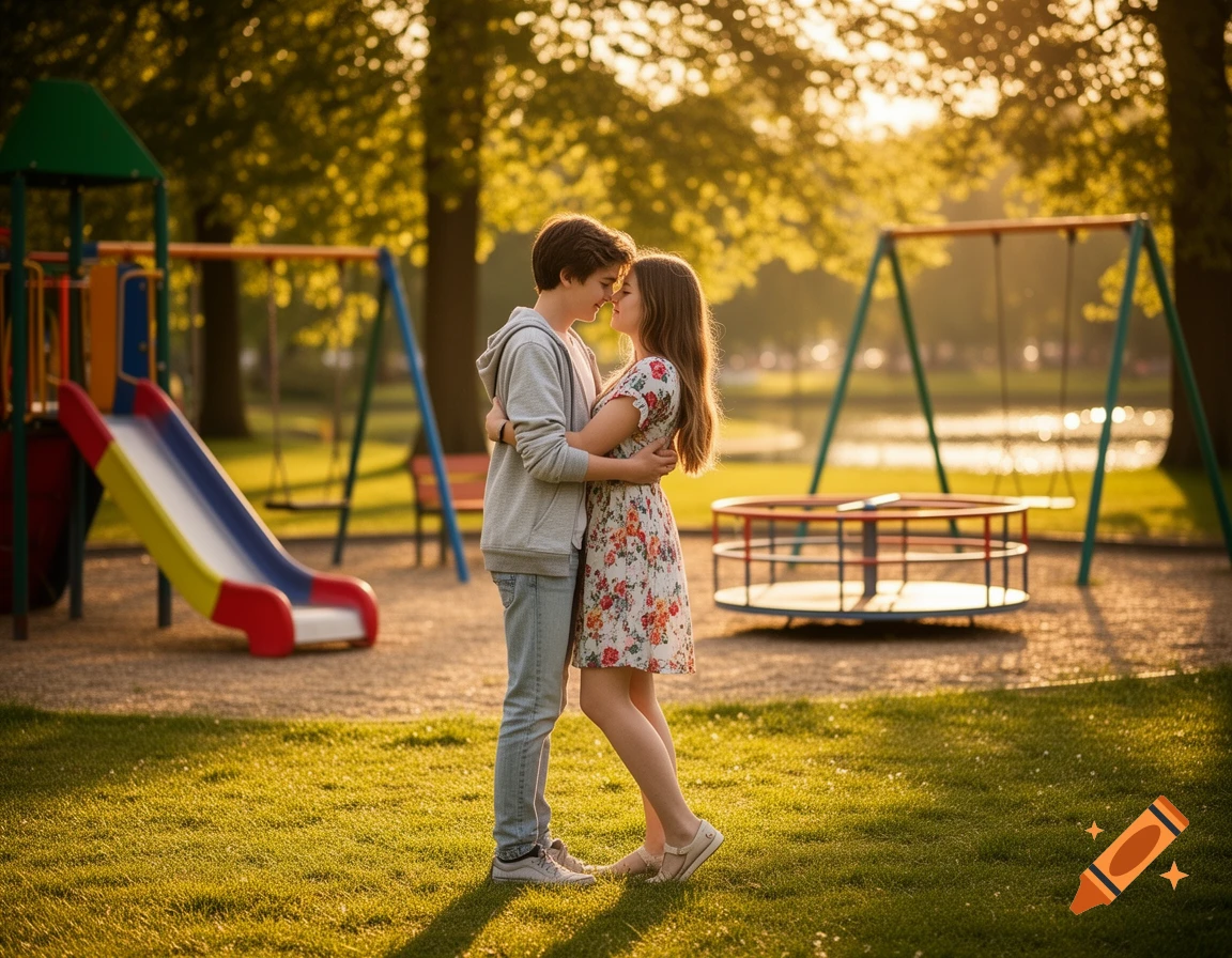 Two teenagers hug closely in a sunlit park playground, with slides and swings in the background.