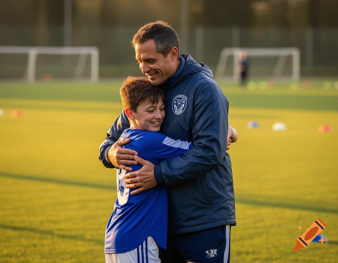 A smiling adult man in a dark blue athletic jacket hugs a young boy in a blue soccer jersey on a sunny green field.