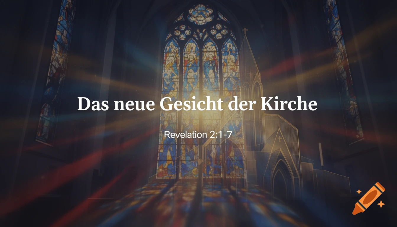 Interior of a church with vibrant stained glass windows, light rays, and text 'Das neue Gesicht der Kirche' and 'Revelation 2:1-7'.